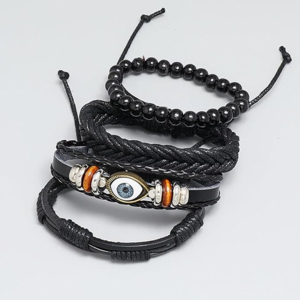 Evil Eye Beaded and Layered with Braided Wood Bracelets Unisex Adjustable NWT